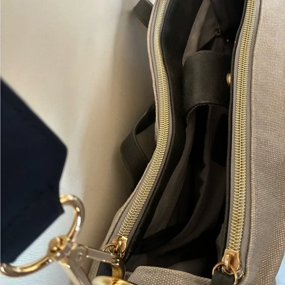 Erin Condren Gray Canvas Tote BodyCross Bag Leather Handles Pink/ navy ad Strap - Picture 7 of 11